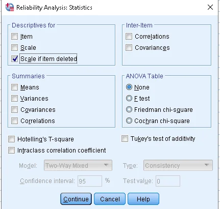 Opsi Statistik untuk Analisis Reliabilitas